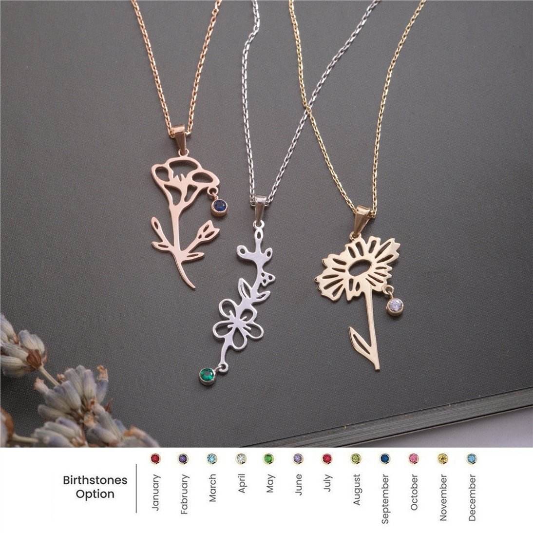 Goldstore-14K Solid Gold Personalized Birth Flower Pendant Necklace, Floral Custom Dainty Birthflower Choker Necklace, Combined Flower Pendant Gold