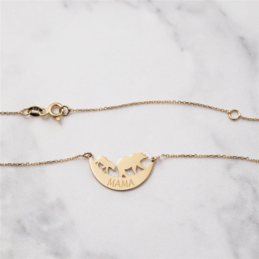 Goldstore-14k Solid Gold Personalized Mama Bear Necklace, Mama Bear and Cubs Necklace, Momma Bear Necklace, Engrave Kids Name Necklace gift for mom.