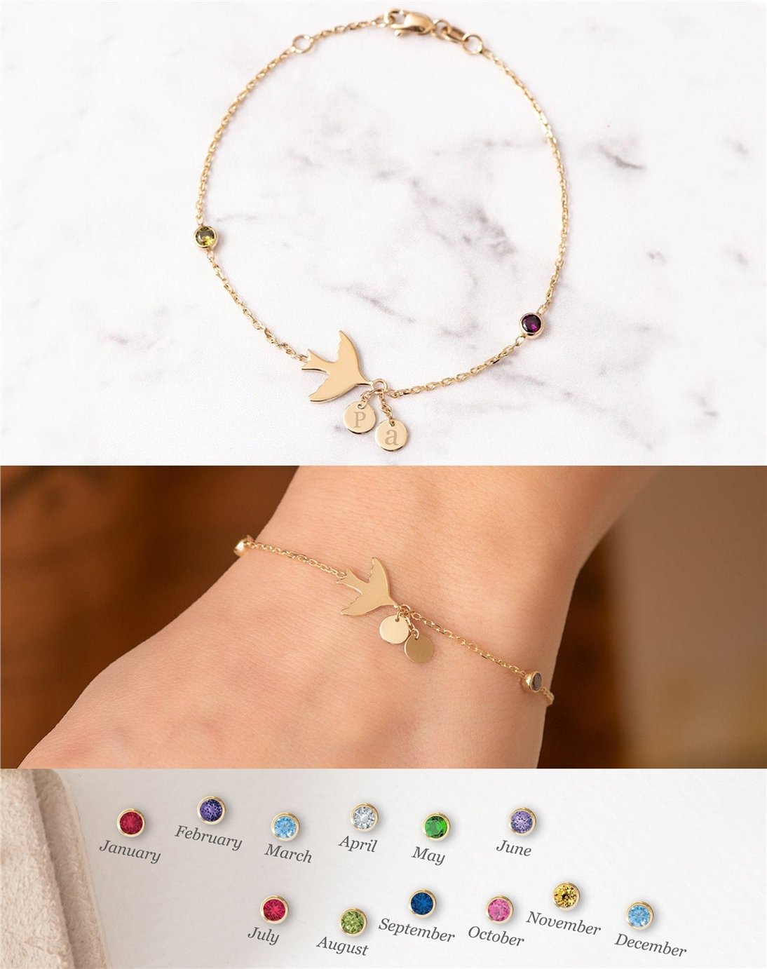 Goldstore-14k Solid Gold Personalized Initial Disc Bird Bracelet, Custom Letter Birthstone Swallow Bracelet, Engraved Initial Mini Disc Bracelet