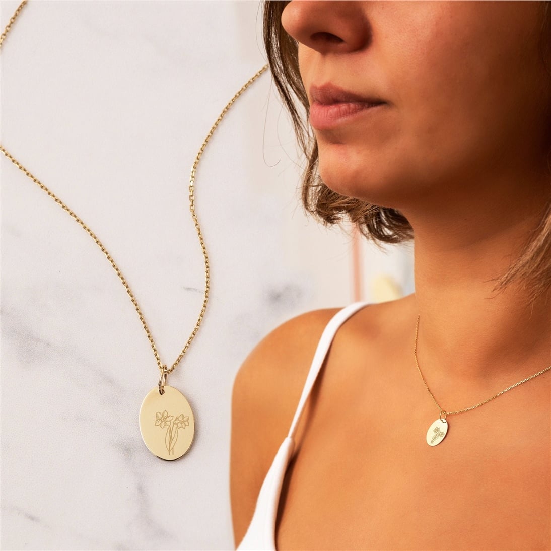 Goldstore-14K Solid Gold Personalized Birth Flower Pendant Necklace, Combined Birth Month Floral Pendant, Custom Engrave Family Necklace for Mom Nana