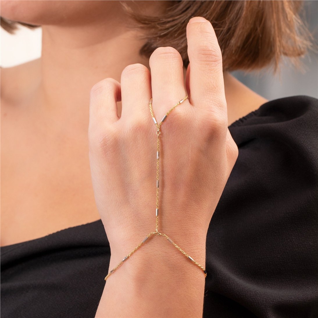 Goldstore-14K Solid Gold Rope Chain Ring Bracelet, Elegant Everyday Slave Bracelet, Hand Chain Lariat Finger Bracelet, Handlet Bracelet Jewelry