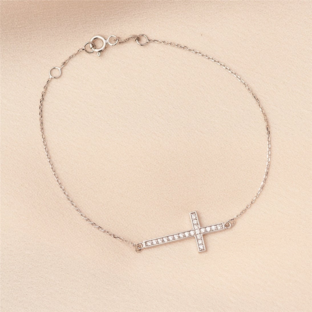 Goldstore-14K Solid Gold Sideways Cross Bracelet Women, Stylish Cz Cross Bracelet, Cubic Zirconia Cross Bracelet