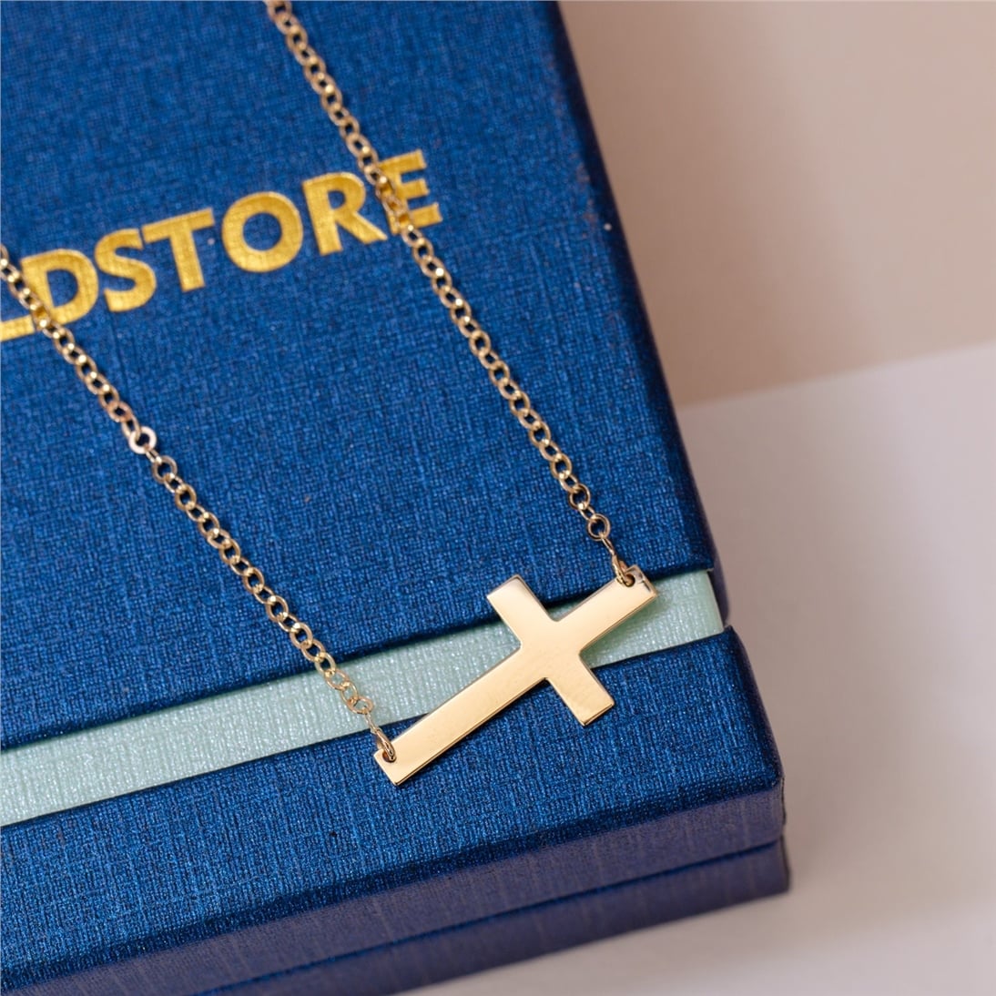 Goldstore-14K Solid Gold Sideways Cross Necklace, Handmade Celebrity Cross Necklace. Dainty Christs Cross Necklace is Great Gift for Mothers Day Gift
