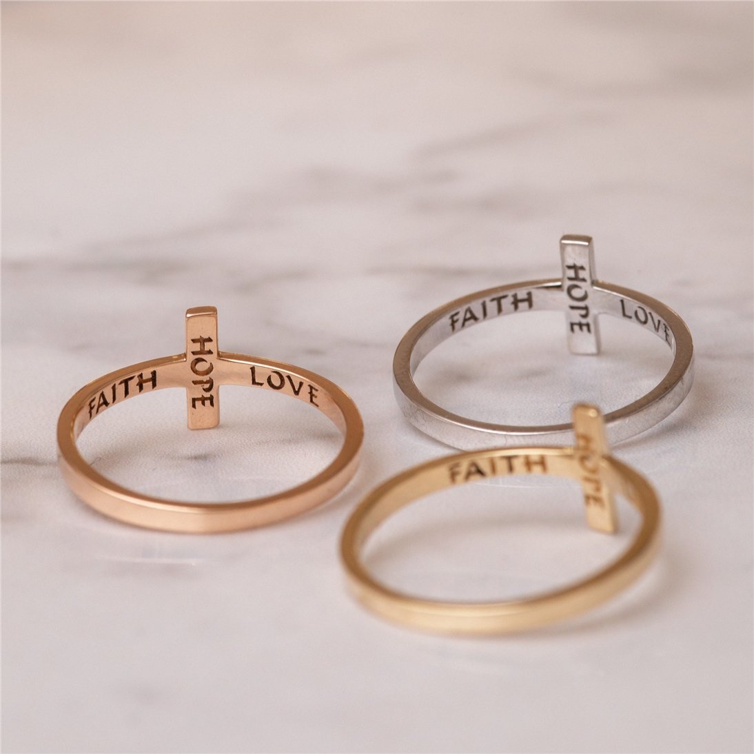 Goldstore-14K Solid Gold Sideways Cross Ring, 18K Solid Plain Gold Dainty Faith Hope and Love Cross Ring Gift for Christmas or Communion Gift