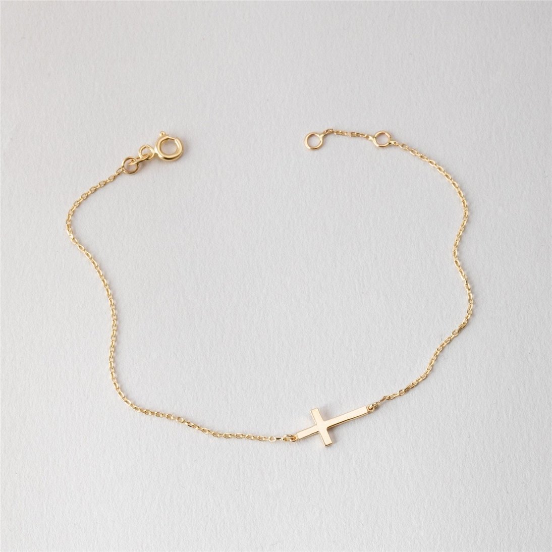 Goldstore-14K Solid Gold Sideways Cross Bracelet, 18K Solid Gold Stylish Tiny Cross Bracelet, Yellow Rose or White Gold Dainty Cross Faith Bracelet