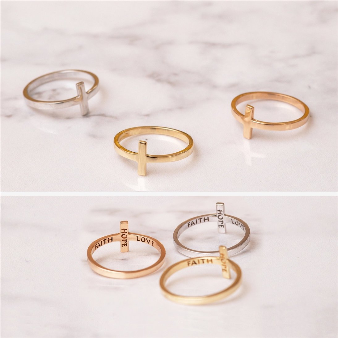 Goldstore-14K Solid Gold Sideways Cross Ring, 18K Solid Plain Gold Dainty Faith Hope and Love Cross Ring Gift for Christmas or Communion Gift