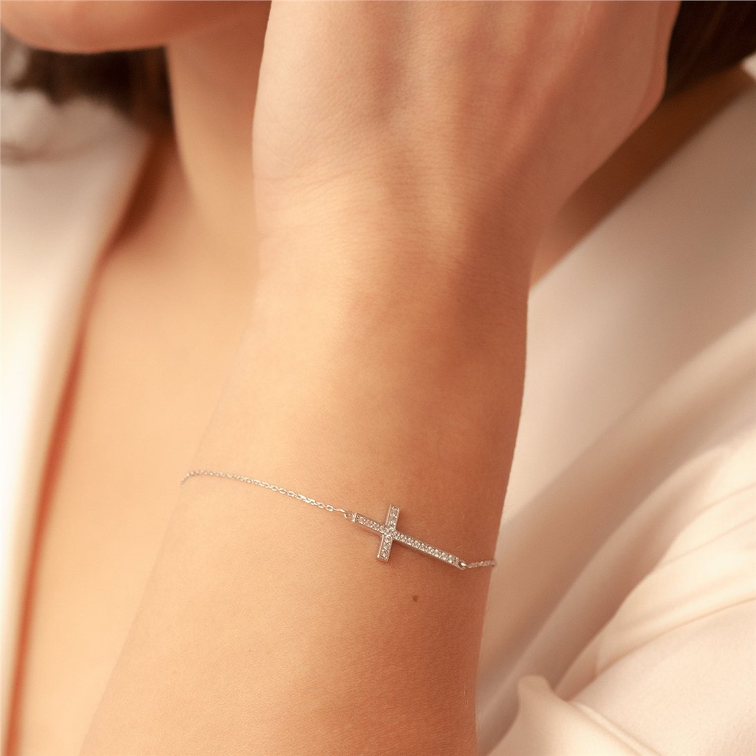 Goldstore-14K Solid Gold Sideways Cross Bracelet Women, Stylish Cz Cross Bracelet, Cubic Zirconia Cross Bracelet