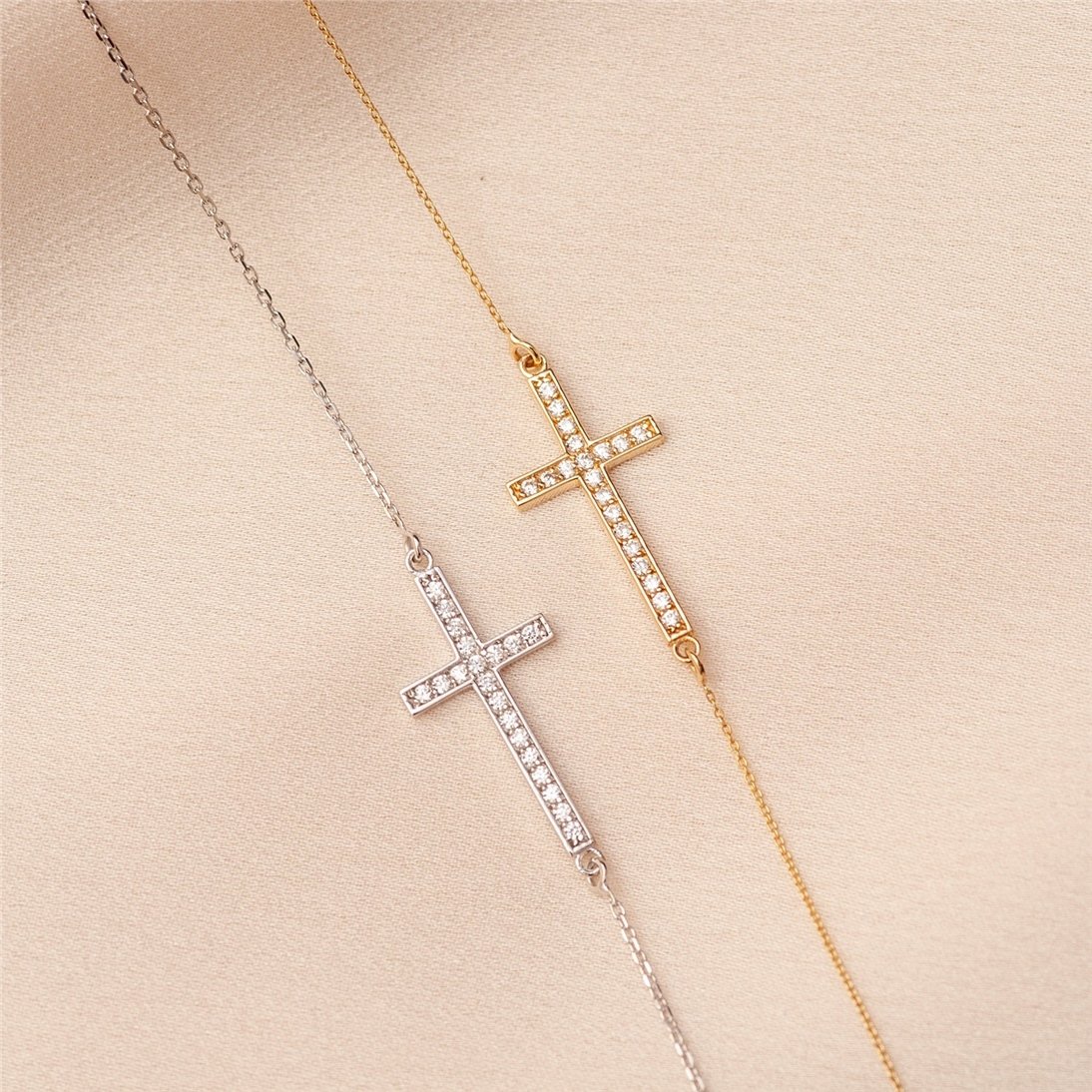 Goldstore-14K Solid Gold Sideways Cross Bracelet Women, Stylish Cz Cross Bracelet, Cubic Zirconia Cross Bracelet
