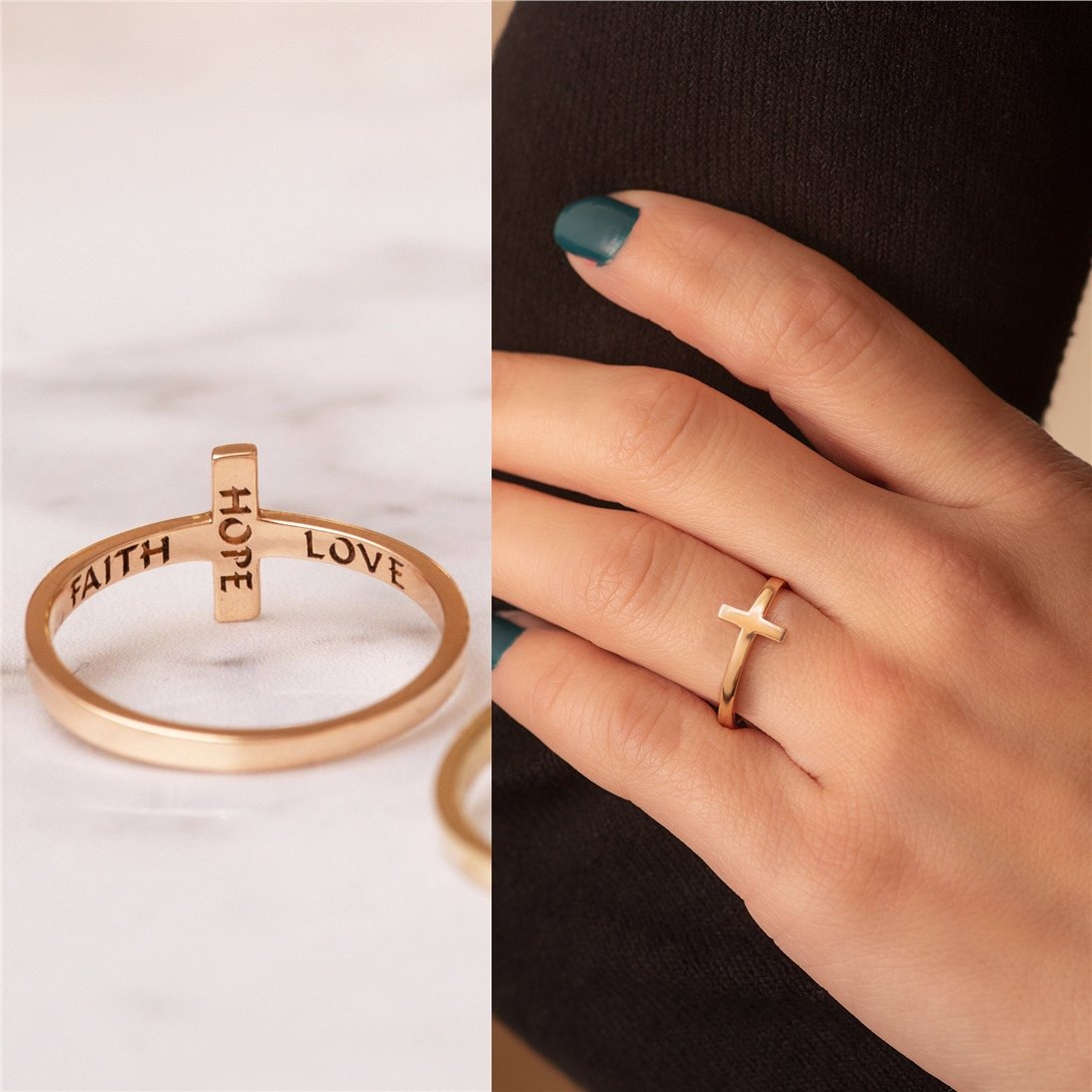 Goldstore-14K Solid Gold Sideways Cross Ring, 18K Solid Plain Gold Dainty Faith Hope and Love Cross Ring Gift for Christmas or Communion Gift