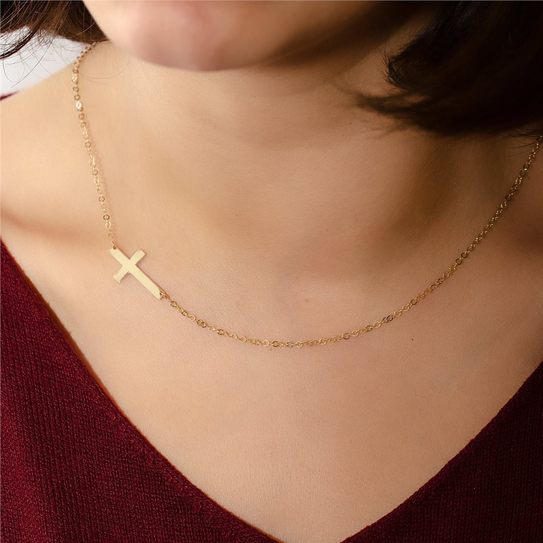 Goldstore-14K Solid Gold Sideways Cross Necklace, Handmade Celebrity Cross Necklace. Dainty Christs Cross Necklace is Great Gift for Mothers Day Gift