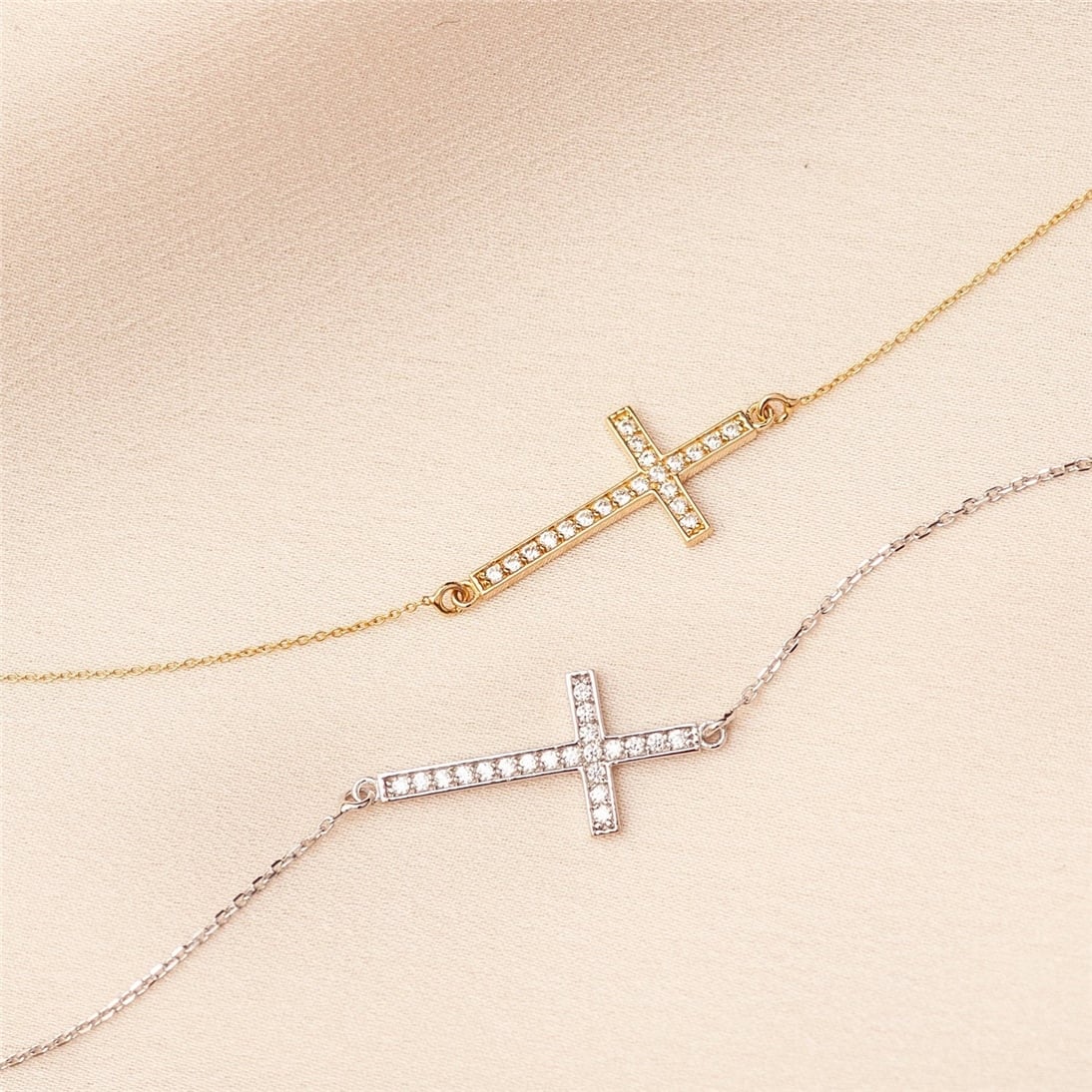 Goldstore-14K Solid Gold Sideways Cross Bracelet Women, Stylish Cz Cross Bracelet, Cubic Zirconia Cross Bracelet