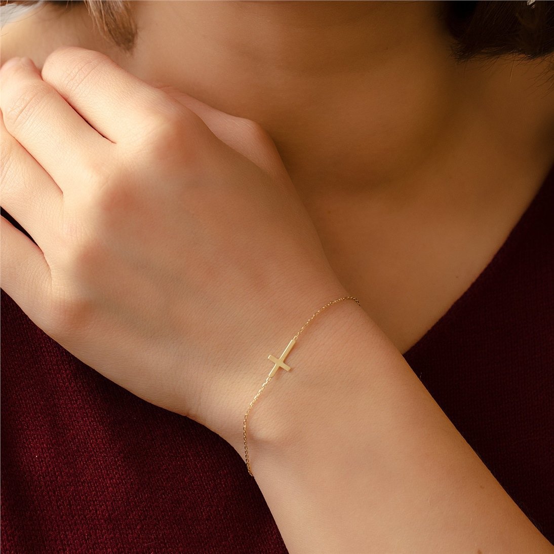 Goldstore-14K Solid Gold Sideways Cross Bracelet, 18K Solid Gold Stylish Tiny Cross Bracelet, Yellow Rose or White Gold Dainty Cross Faith Bracelet