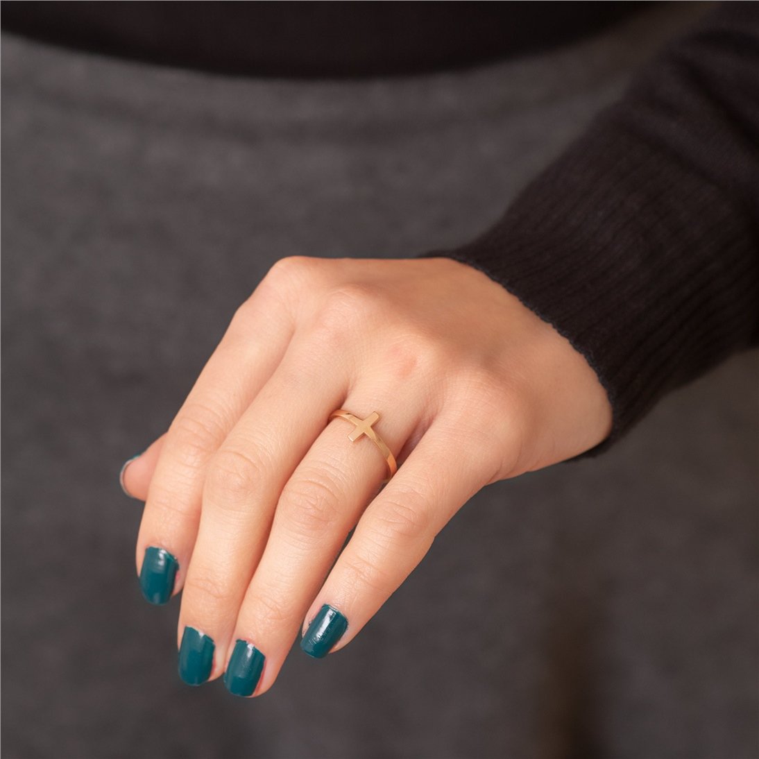 Goldstore-14K Solid Gold Sideways Cross Ring, 18K Solid Plain Gold Dainty Faith Hope and Love Cross Ring Gift for Christmas or Communion Gift