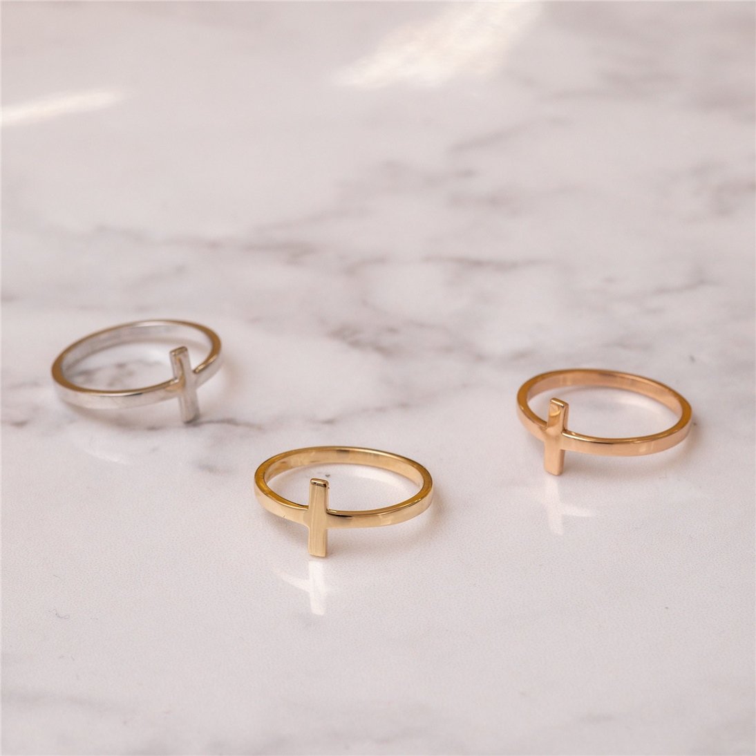 Goldstore-14K Solid Gold Sideways Cross Ring, 18K Solid Plain Gold Dainty Faith Hope and Love Cross Ring Gift for Christmas or Communion Gift