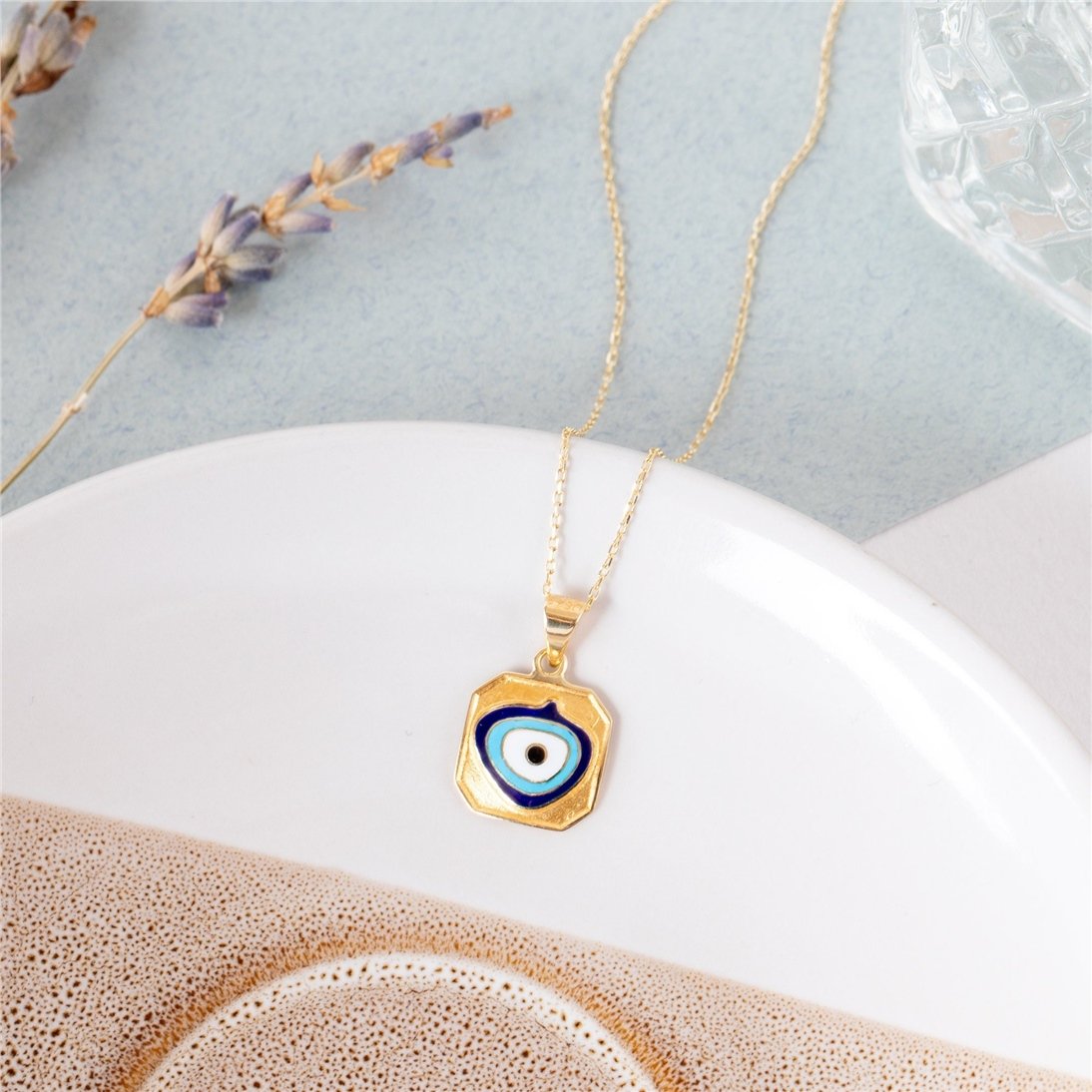 Goldstore-14k Solid Gold Square Evil Eye Necklace, Dainty Square Shape Evil Eye Pendant, Spiritual Protection Jewelry, Handmade Minimalist Eye Pendant