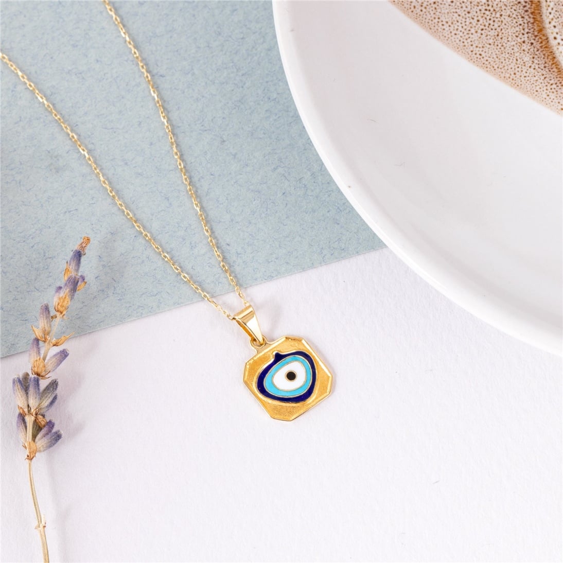 Goldstore-14k Solid Gold Square Evil Eye Necklace, Dainty Square Shape Evil Eye Pendant, Spiritual Protection Jewelry, Handmade Minimalist Eye Pendant