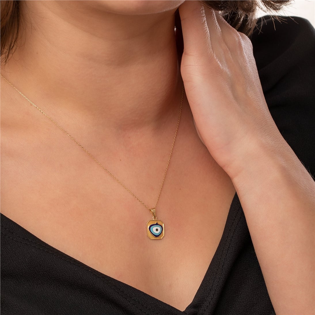 Goldstore-14k Solid Gold Square Evil Eye Necklace, Dainty Square Shape Evil Eye Pendant, Spiritual Protection Jewelry, Handmade Minimalist Eye Pendant