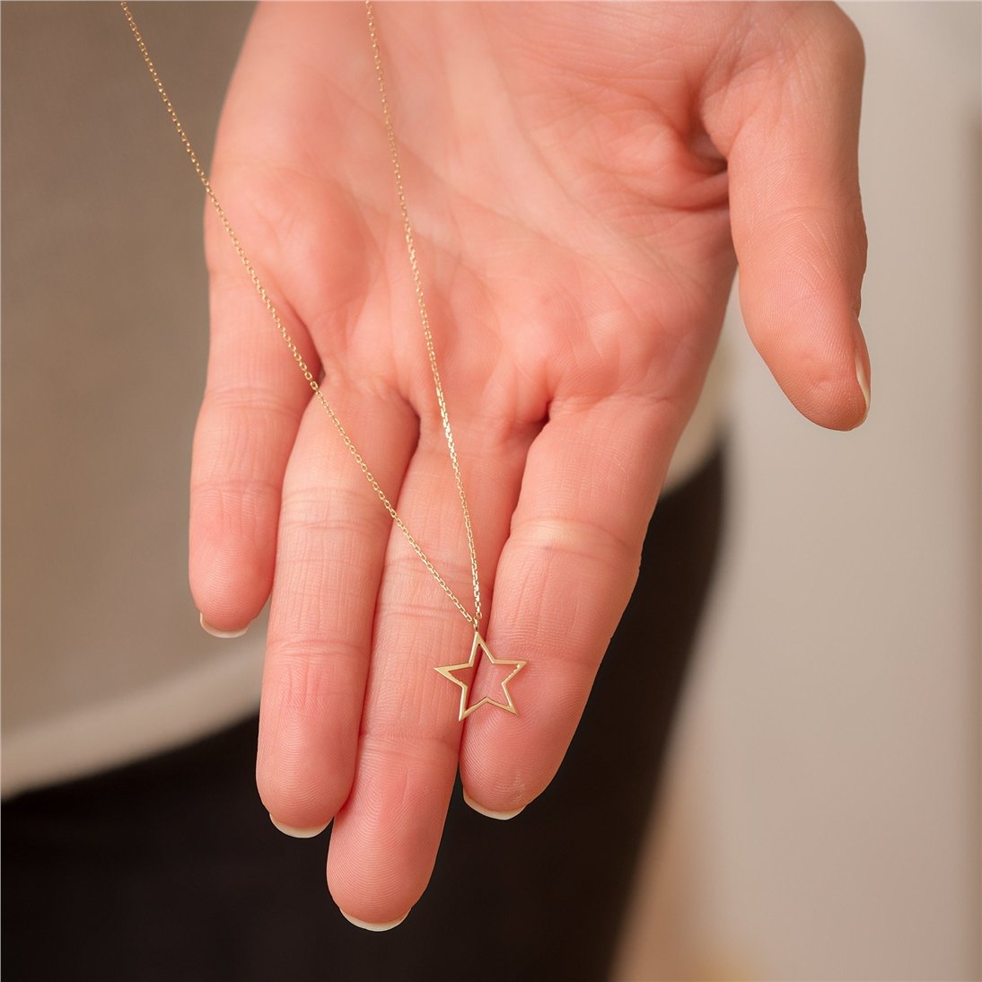 Goldstore-14k Solid Gold Star Layered Necklace Set, Plain Star and Cutout Star Gold Tiny Necklace Set, Dainty Star Necklace is a great gift for Her.