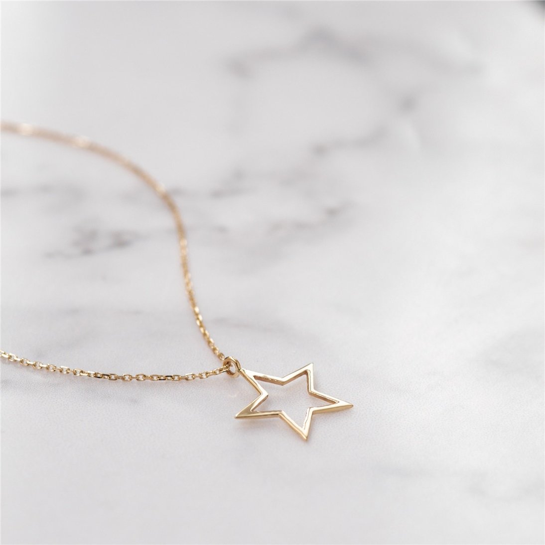 Goldstore-14k Solid Gold Star Layered Necklace Set, Plain Star and Cutout Star Gold Tiny Necklace Set, Dainty Star Necklace is a great gift for Her.