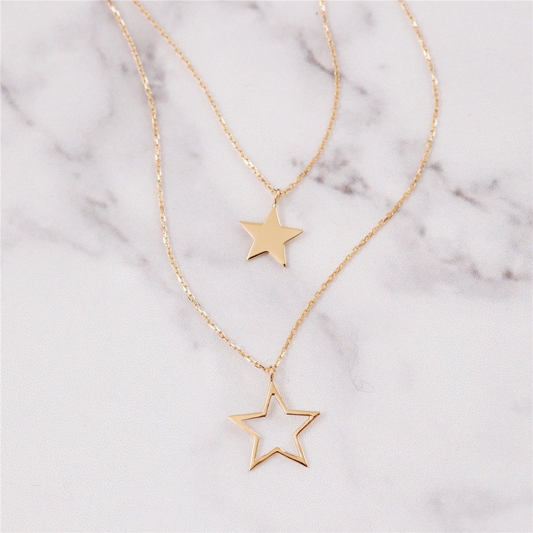 Goldstore-14k Solid Gold Star Layered Necklace Set, Plain Star and Cutout Star Gold Tiny Necklace Set, Dainty Star Necklace is a great gift for Her.