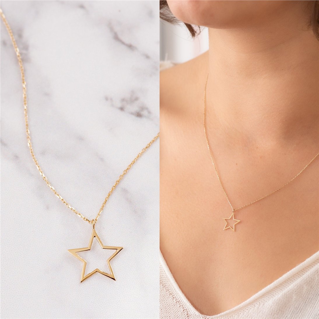 Goldstore-14k Solid Gold Star Layered Necklace Set, Plain Star and Cutout Star Gold Tiny Necklace Set, Dainty Star Necklace is a great gift for Her.