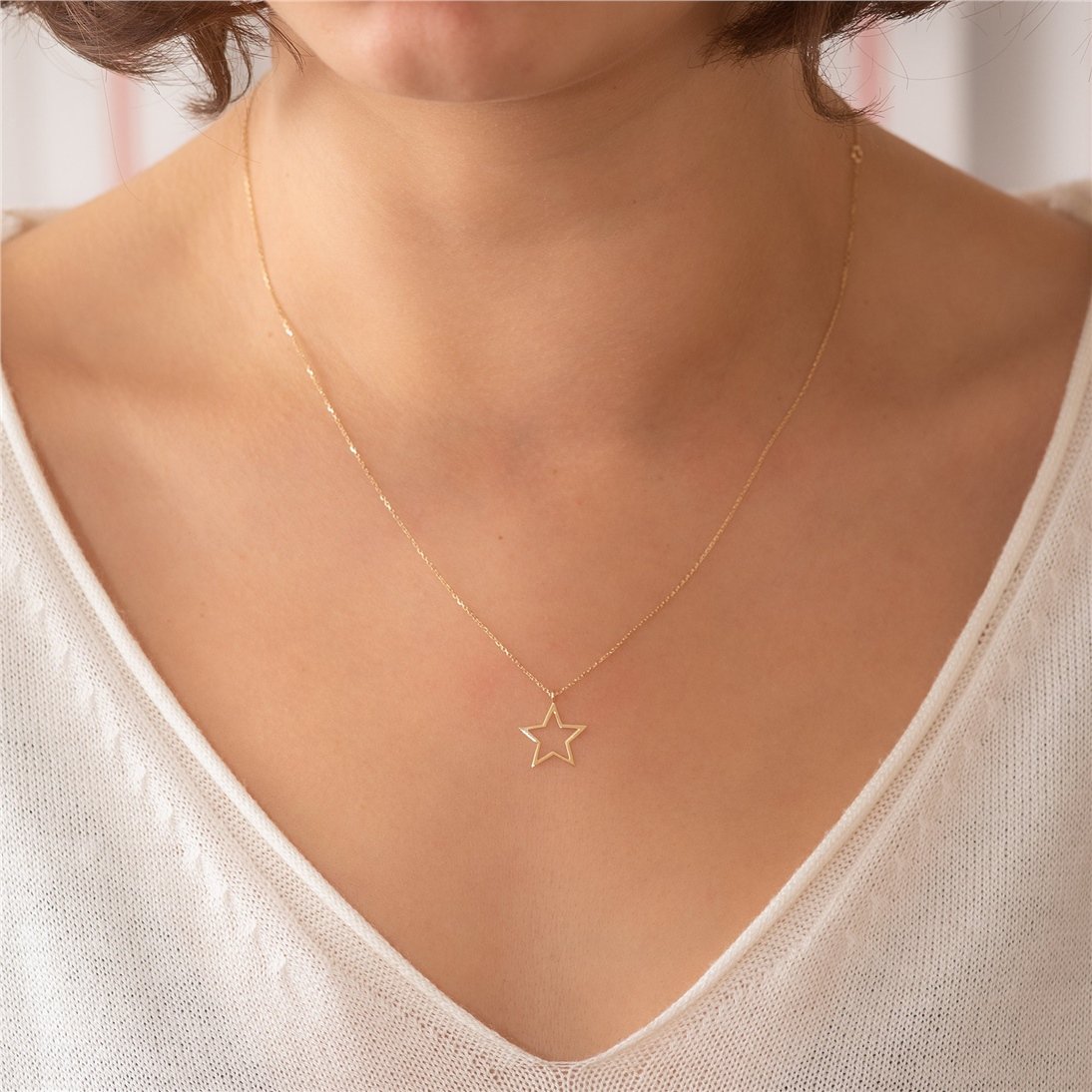 Goldstore-14k Solid Gold Star Layered Necklace Set, Plain Star and Cutout Star Gold Tiny Necklace Set, Dainty Star Necklace is a great gift for Her.