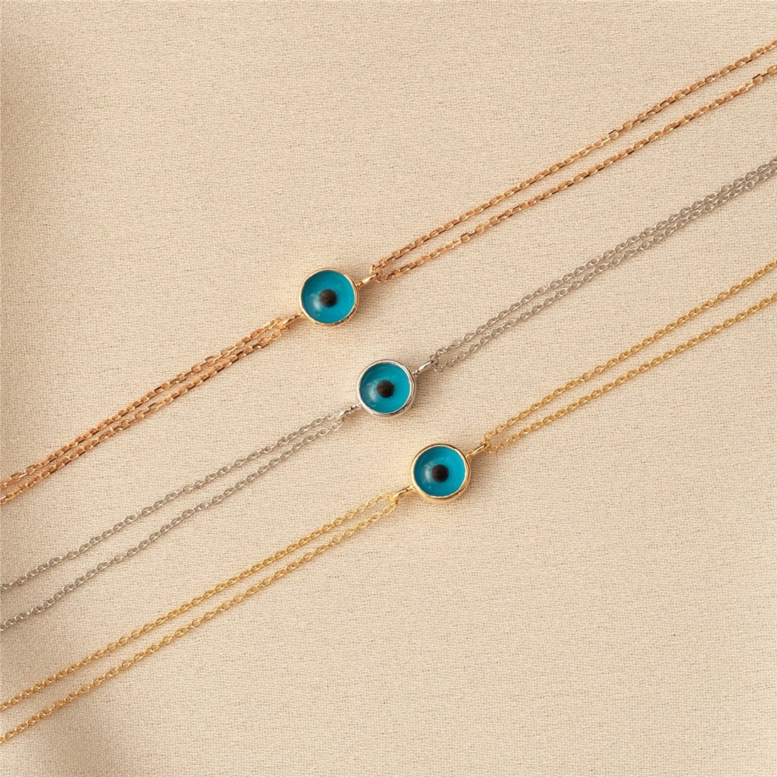 Goldstore-14k Solid Gold Tiny Evil Eye Bracelet, Double Chain Eye Gold Bracelet, Good luck and Protection Bracelet Mothers day gift