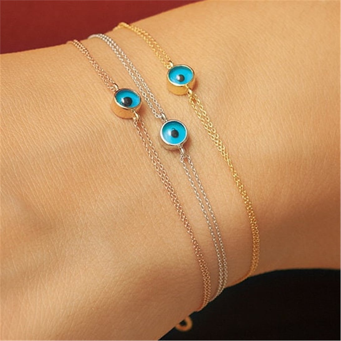 Goldstore-14k Solid Gold Tiny Evil Eye Bracelet, Double Chain Eye Gold Bracelet, Good luck and Protection Bracelet Mothers day gift