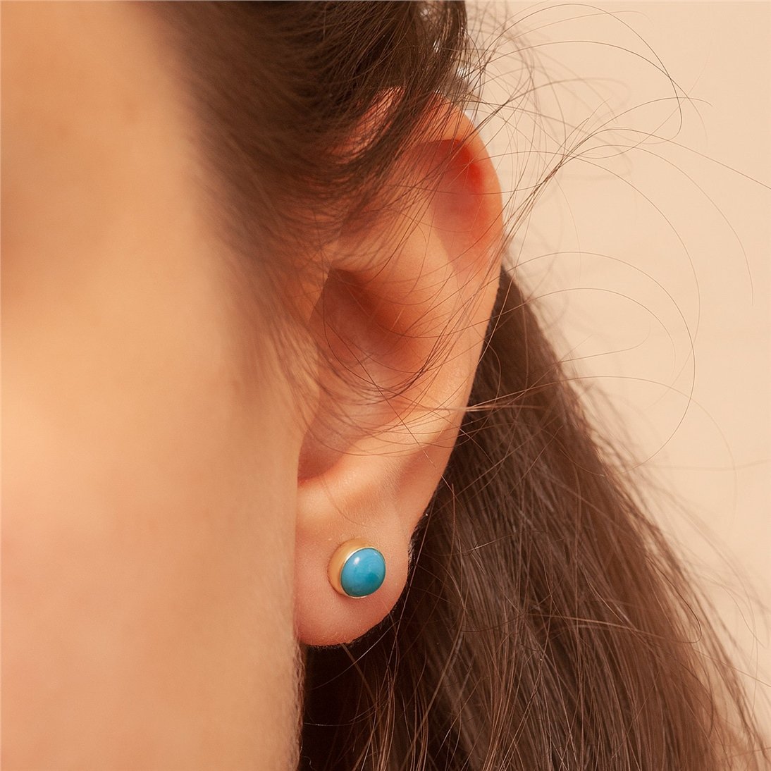 Goldstore-14K Solid Gold Tiny Turquoise Stud Earrings, Delicate 5mm or 6mm Sleeping Beauty Turquoise Studs Everyday Earrings Child Earrings