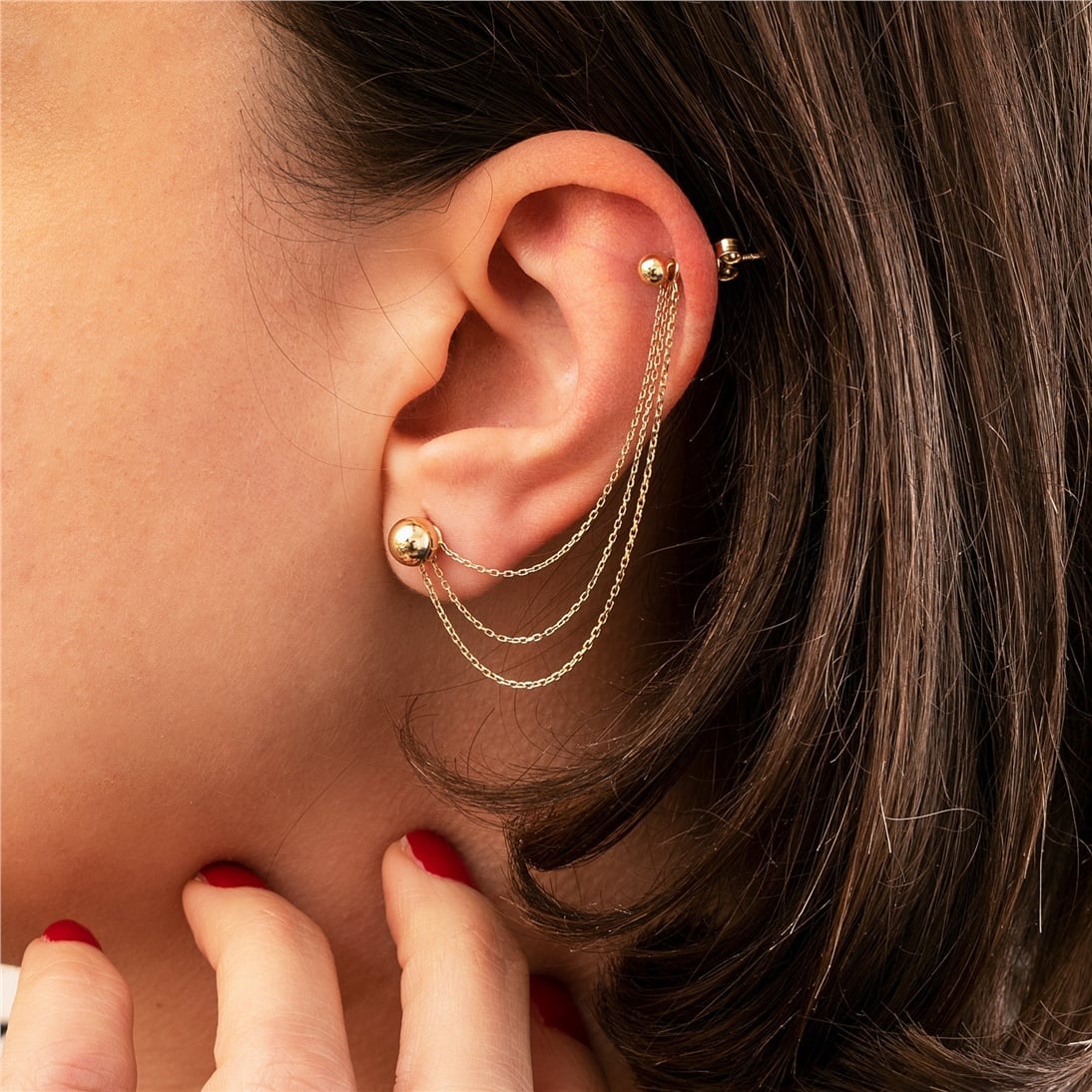 Goldstore-14K Solid Gold Triple Double Chain Earring Jacket, Double Triple Chain Convertible Dangle Earring Jacket, Cable Chain or Bead Ball Chain