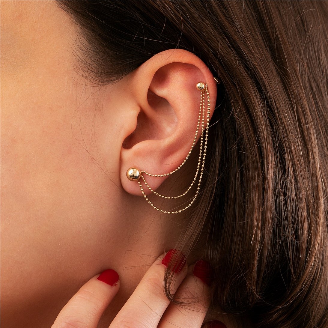 Goldstore-14K Solid Gold Triple Double Chain Earring Jacket, Double Triple Chain Convertible Dangle Earring Jacket, Cable Chain or Bead Ball Chain