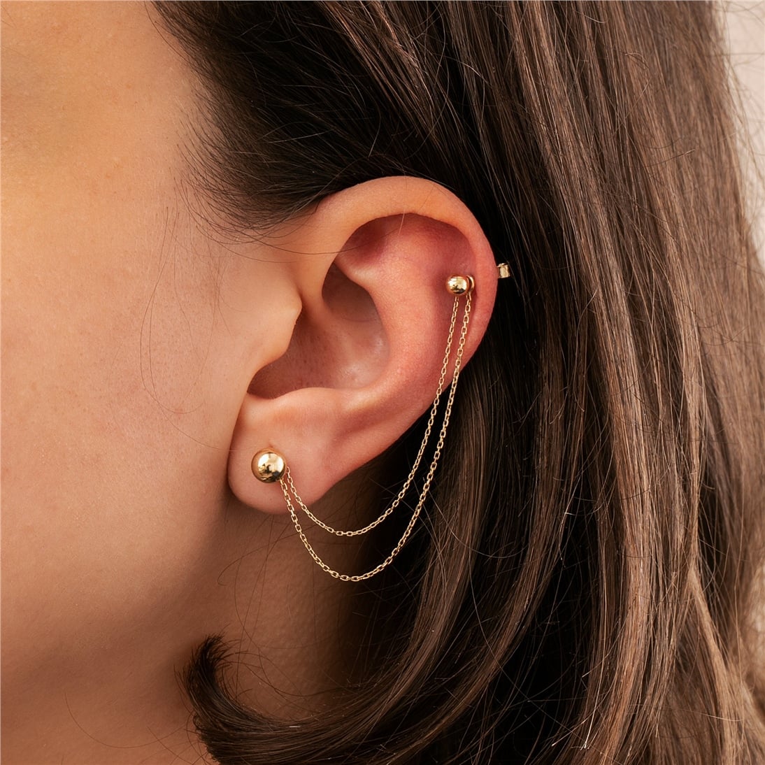 Goldstore-14K Solid Gold Triple Double Chain Earring Jacket, Double Triple Chain Convertible Dangle Earring Jacket, Cable Chain or Bead Ball Chain