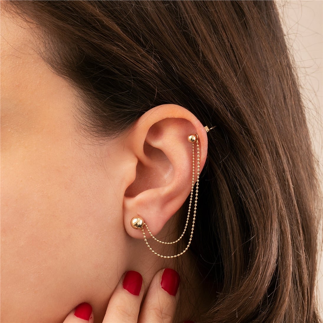 Goldstore-14K Solid Gold Triple Double Chain Earring Jacket, Double Triple Chain Convertible Dangle Earring Jacket, Cable Chain or Bead Ball Chain