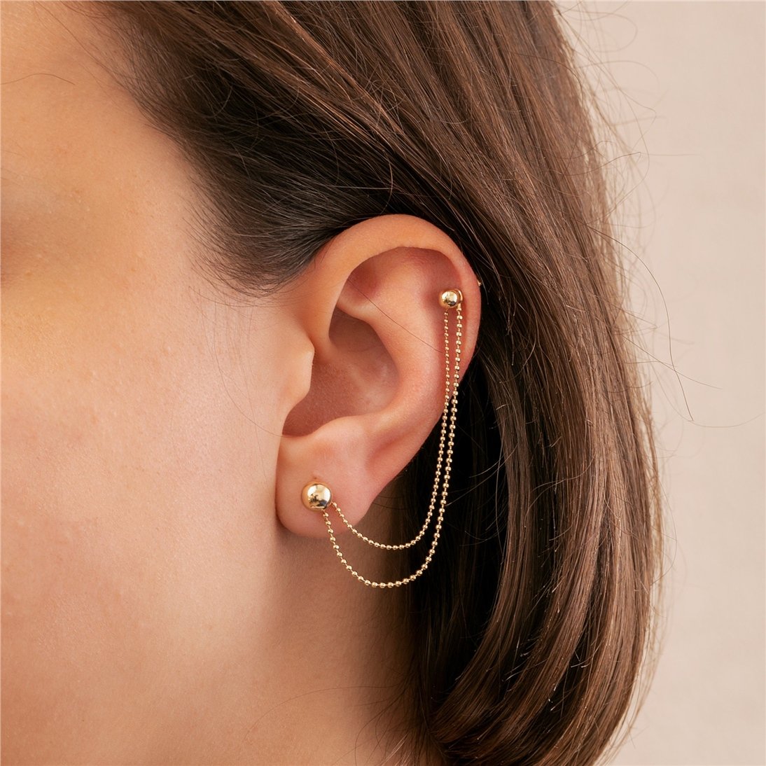 Goldstore-14K Solid Gold Triple Double Chain Earring Jacket, Double Triple Chain Convertible Dangle Earring Jacket, Cable Chain or Bead Ball Chain