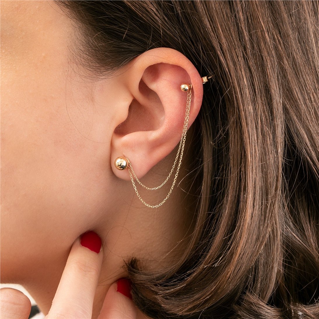 Goldstore-14K Solid Gold Triple Double Chain Earring Jacket, Double Triple Chain Convertible Dangle Earring Jacket, Cable Chain or Bead Ball Chain