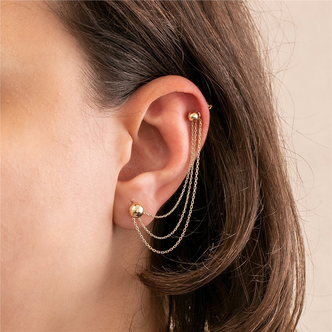 Goldstore-14K Solid Gold Triple Double Chain Earring Jacket, Double Triple Chain Convertible Dangle Earring Jacket, Cable Chain or Bead Ball Chain