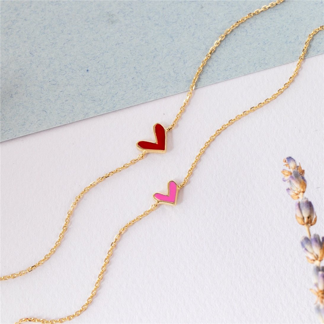 Goldstore-14k Solid Gold V Shape Heart Bracelet, Custom Color Enamel Dainty Heart Bracelet, Love Charm Bracelet, Red, Pink Heart Bracelet Gift for Her