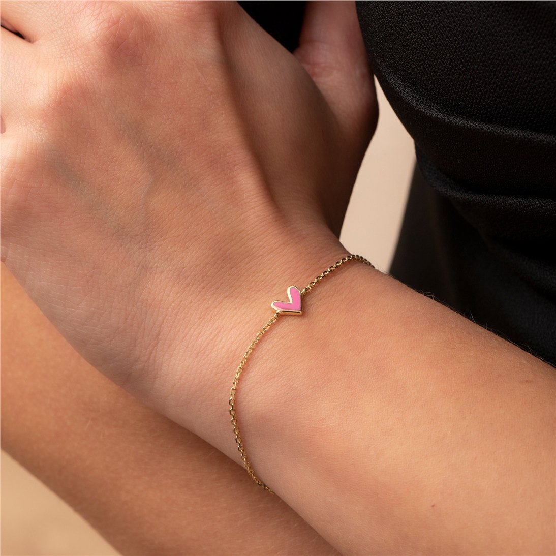 Goldstore-14k Solid Gold V Shape Heart Bracelet, Custom Color Enamel Dainty Heart Bracelet, Love Charm Bracelet, Red, Pink Heart Bracelet Gift for Her