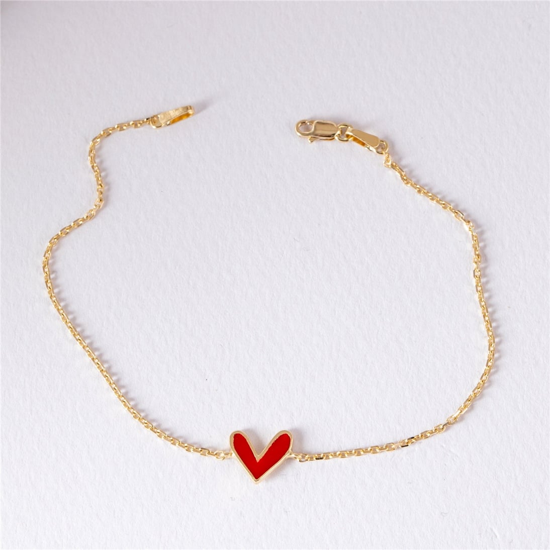 Goldstore-14k Solid Gold V Shape Heart Bracelet, Custom Color Enamel Dainty Heart Bracelet, Love Charm Bracelet, Red, Pink Heart Bracelet Gift for Her
