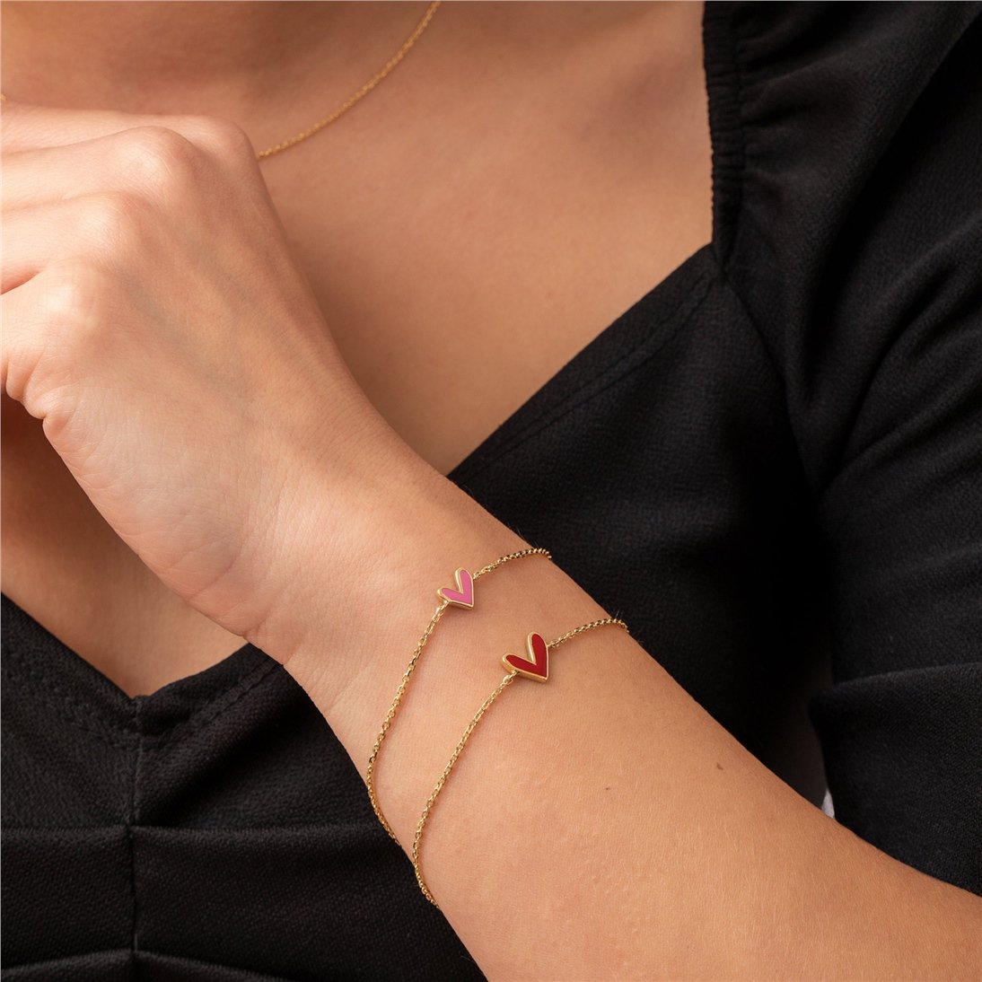 Goldstore-14k Solid Gold V Shape Heart Bracelet, Custom Color Enamel Dainty Heart Bracelet, Love Charm Bracelet, Red, Pink Heart Bracelet Gift for Her