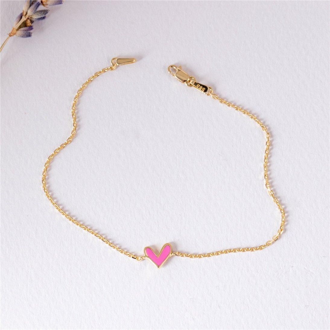 Goldstore-14k Solid Gold V Shape Heart Bracelet, Custom Color Enamel Dainty Heart Bracelet, Love Charm Bracelet, Red, Pink Heart Bracelet Gift for Her