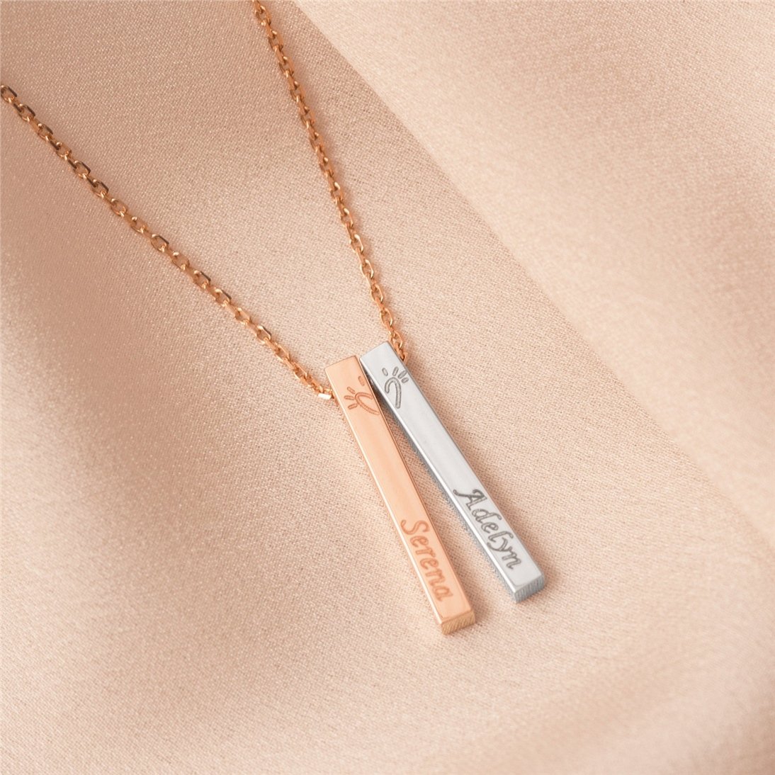 Goldstore-14K Solid Gold Vertical 3D Bar Necklace, Personalized Gold Bff Necklace, 2 Bars Name Necklace, Custom Name Bar Necklace Gift for Her