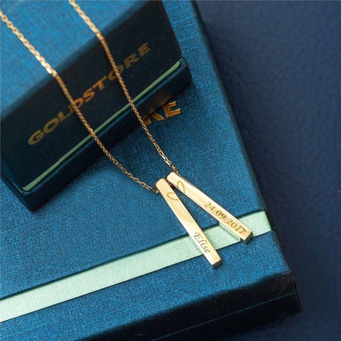 Goldstore-14K Solid Gold Vertical 3D Bar Necklace, Personalized Gold Bff Necklace, 2 Bars Name Necklace, Custom Name Bar Necklace Gift for Her