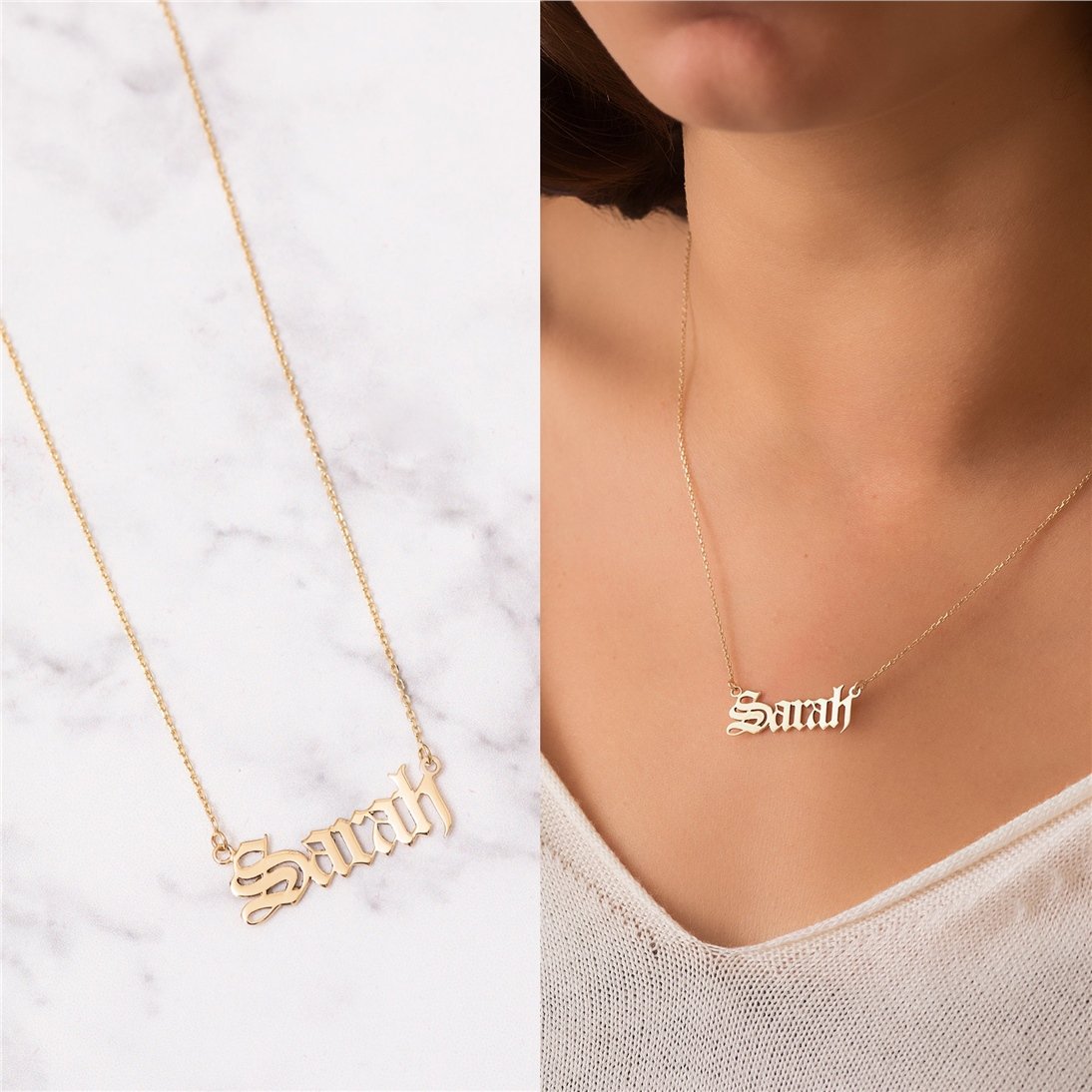 Goldstore-14K Solid Old English Custom Name Necklace, Personalized Solid Gold Gothic Name Necklace, 14k Real Gold Old English Font Name Necklace