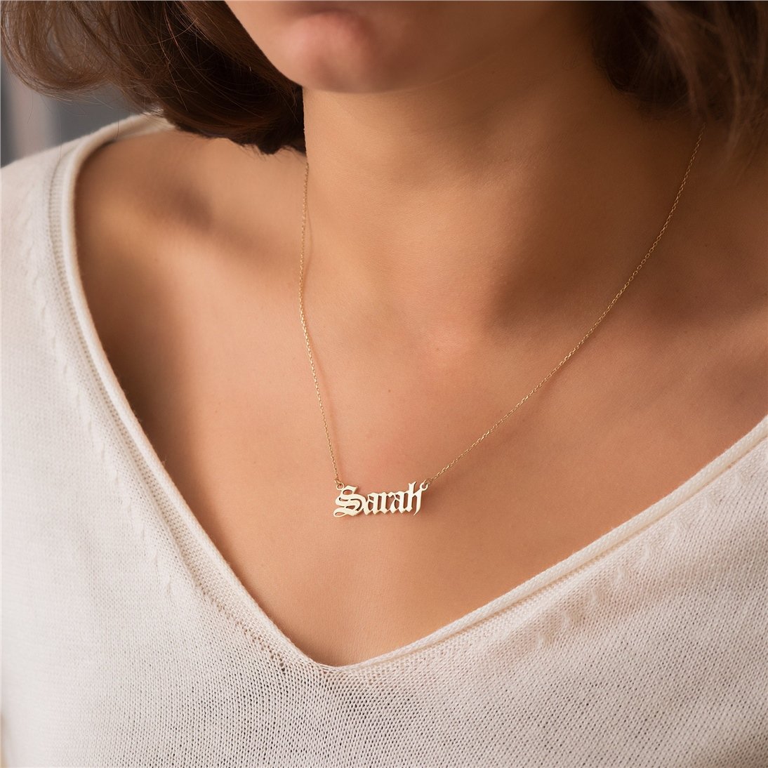 Goldstore-14K Solid Old English Custom Name Necklace, Personalized Solid Gold Gothic Name Necklace, 14k Real Gold Old English Font Name Necklace