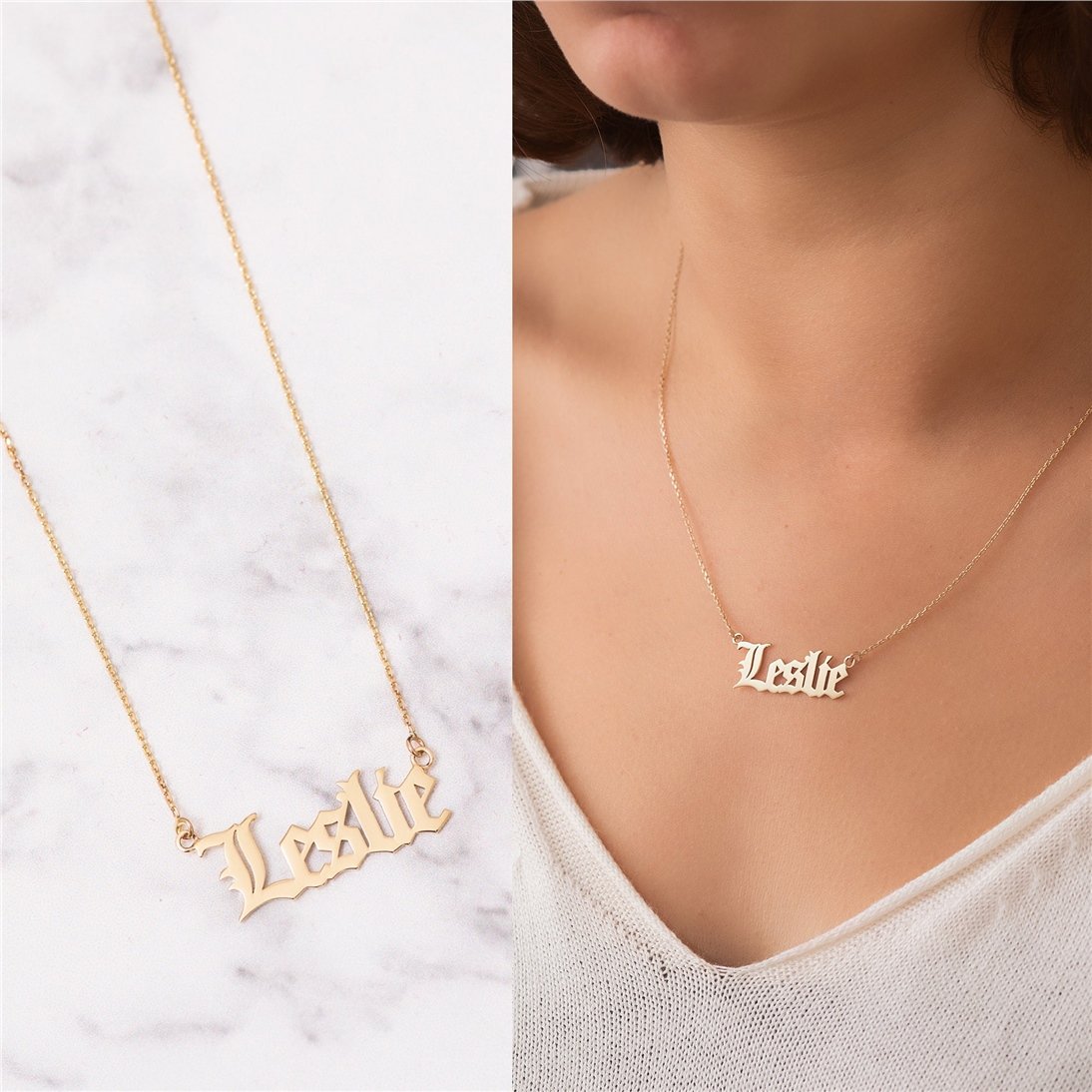 Goldstore-14K Solid Old English Custom Name Necklace, Personalized Solid Gold Gothic Name Necklace, 14k Real Gold Old English Font Name Necklace
