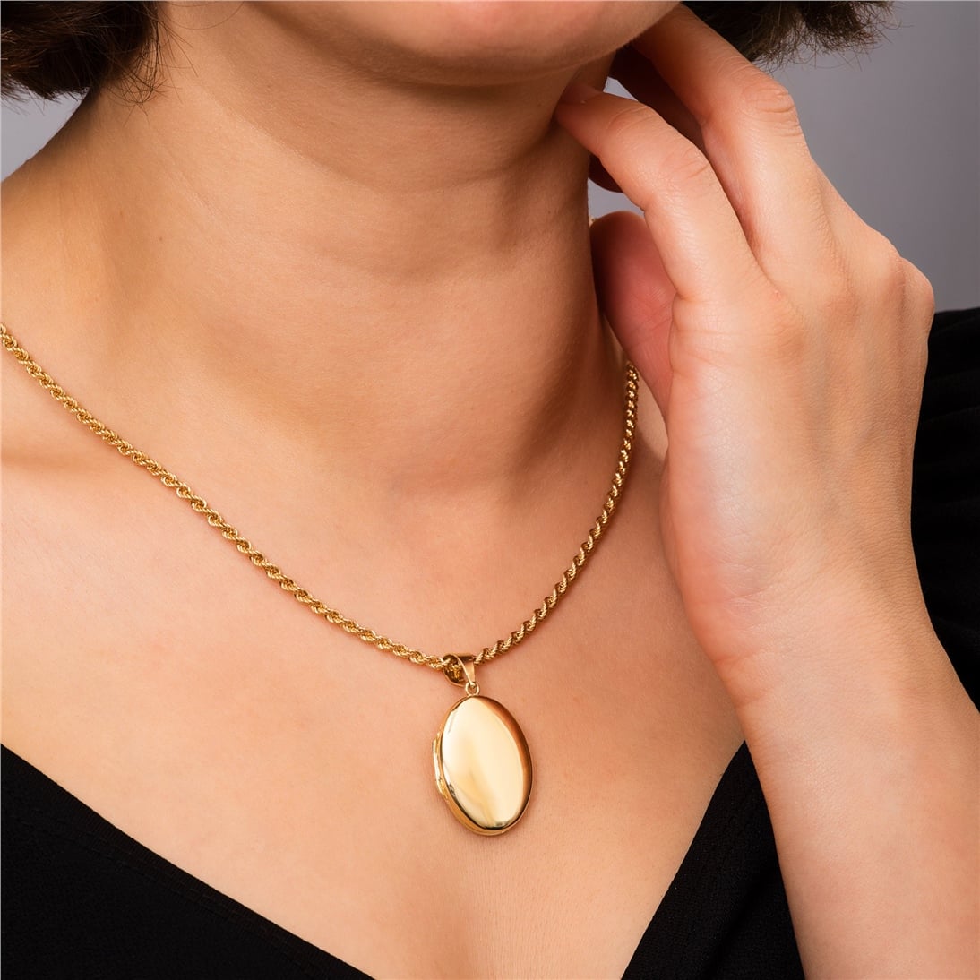 Goldstore-14K Solid Yellow Gold Oval Locket Pendant, 2 Photo Oval Locket Pendant Necklace, Custom Name Engrave Personalized Memorial Locket Pendant