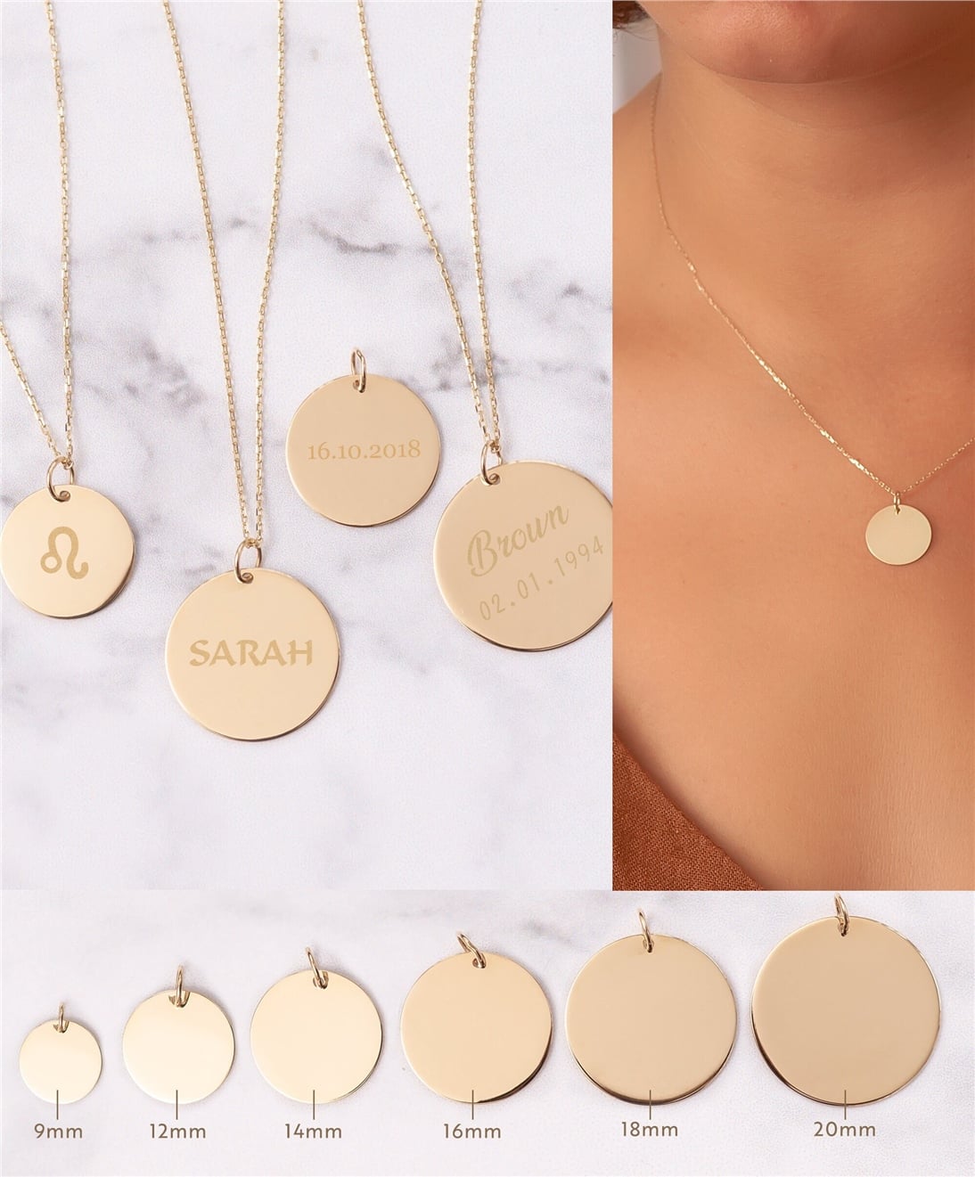 Goldstore-18K Solid Custom Name Date Initial Coordinate Engraved Disc Pendant Necklace, Personalized Dainty Solid Gold Circle Coin Disk Pendant Gift