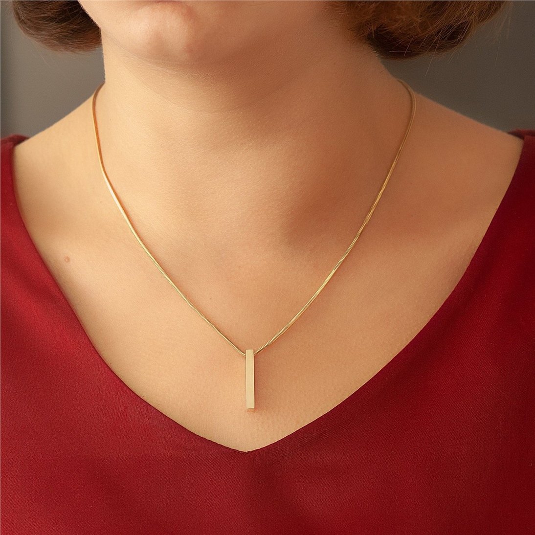 Goldstore-4 Side 3D Vertical Bar 14k Gold Necklace, Four Sided Name Snake Chain Necklace, 14k Solid Gold 3D Bar Necklace, Engrave Name Date Necklace.