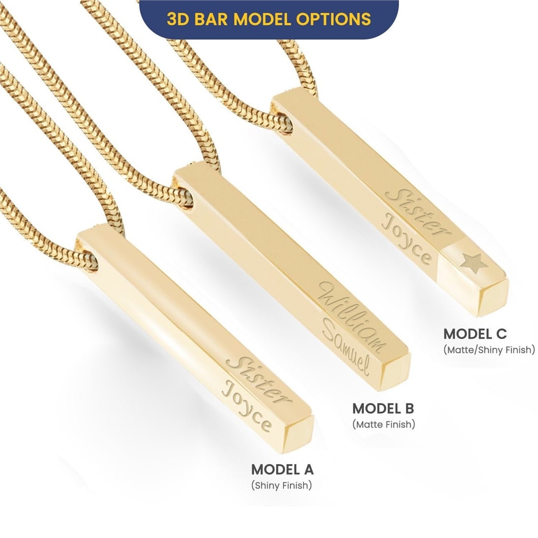 Goldstore-4 Side 3D Vertical Bar 14k Gold Necklace, Four Sided Name Snake Chain Necklace, 14k Solid Gold 3D Bar Necklace, Engrave Name Date Necklace.